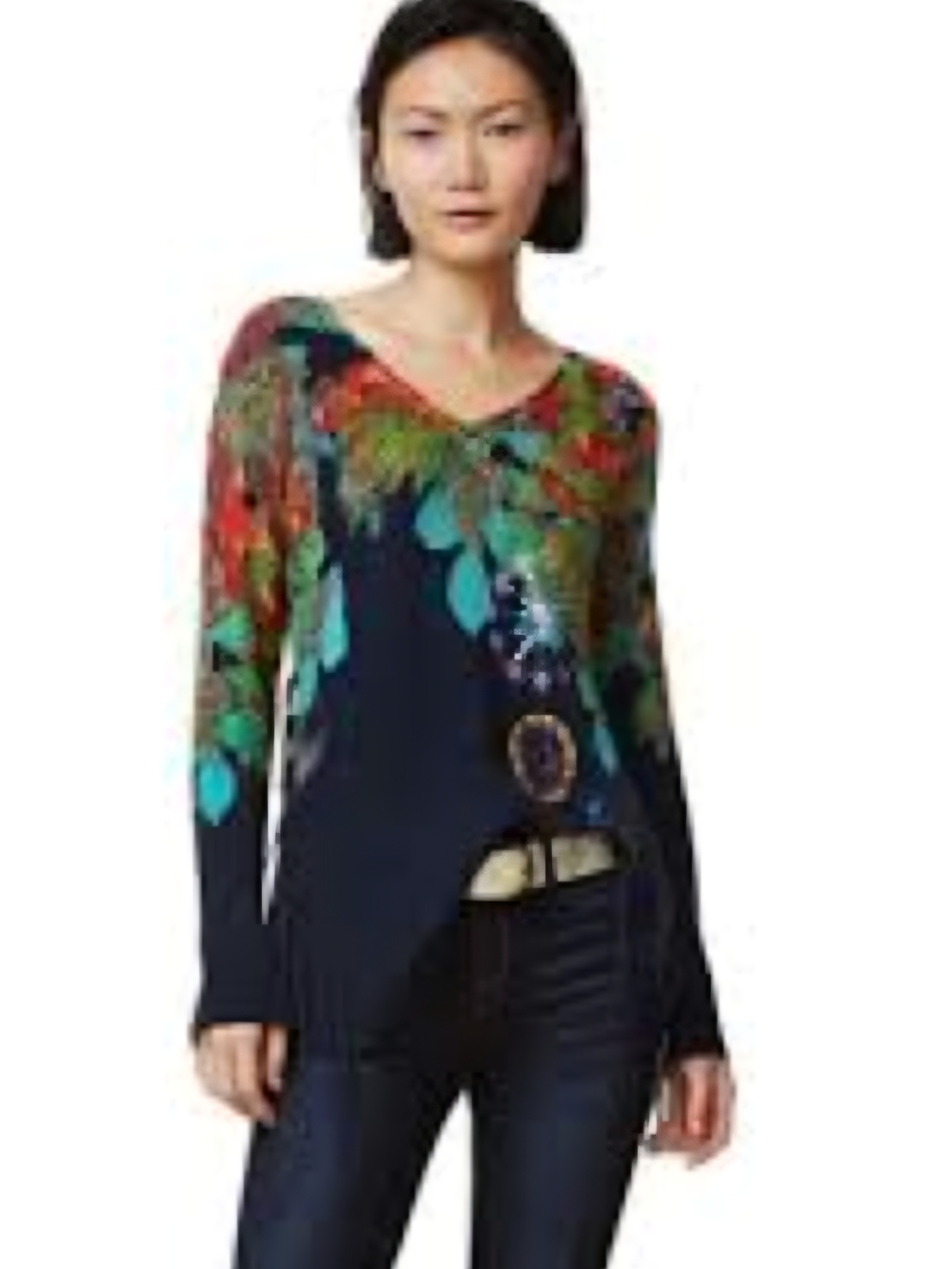 Desigual Navy Sweater with Multicolor Leaf Motif